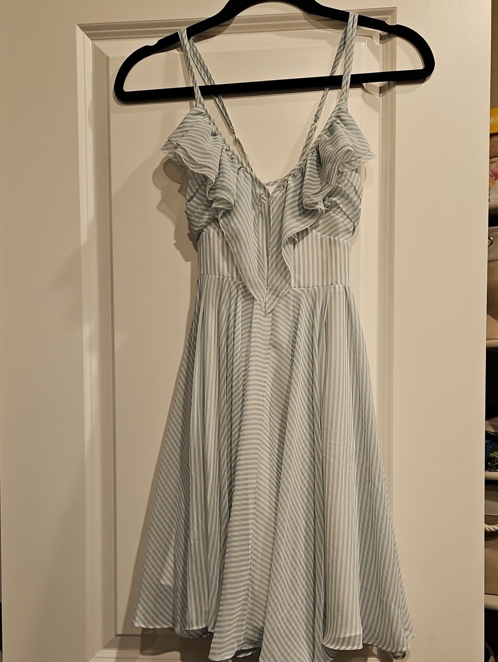Guess Light Blue & White Striped Ruffle Midi Dress